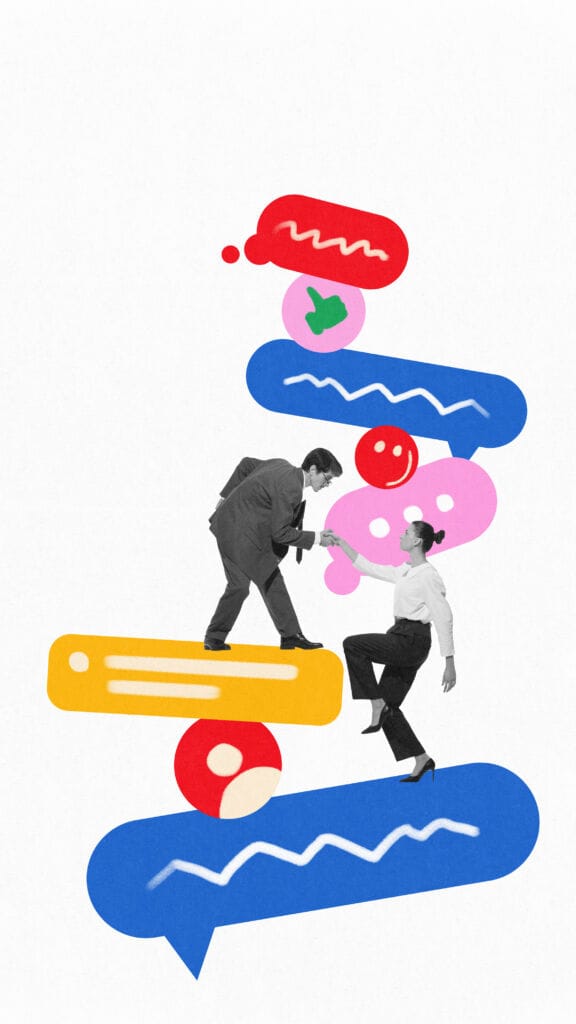 Two employees climbing stacked chat bubbles and reactions, symbolizing teamwork in online discussions Content marketing